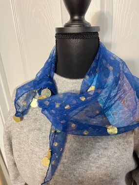 Sheer Royal Blue Scarf with Gold Disc Accents - Women's Accessory
